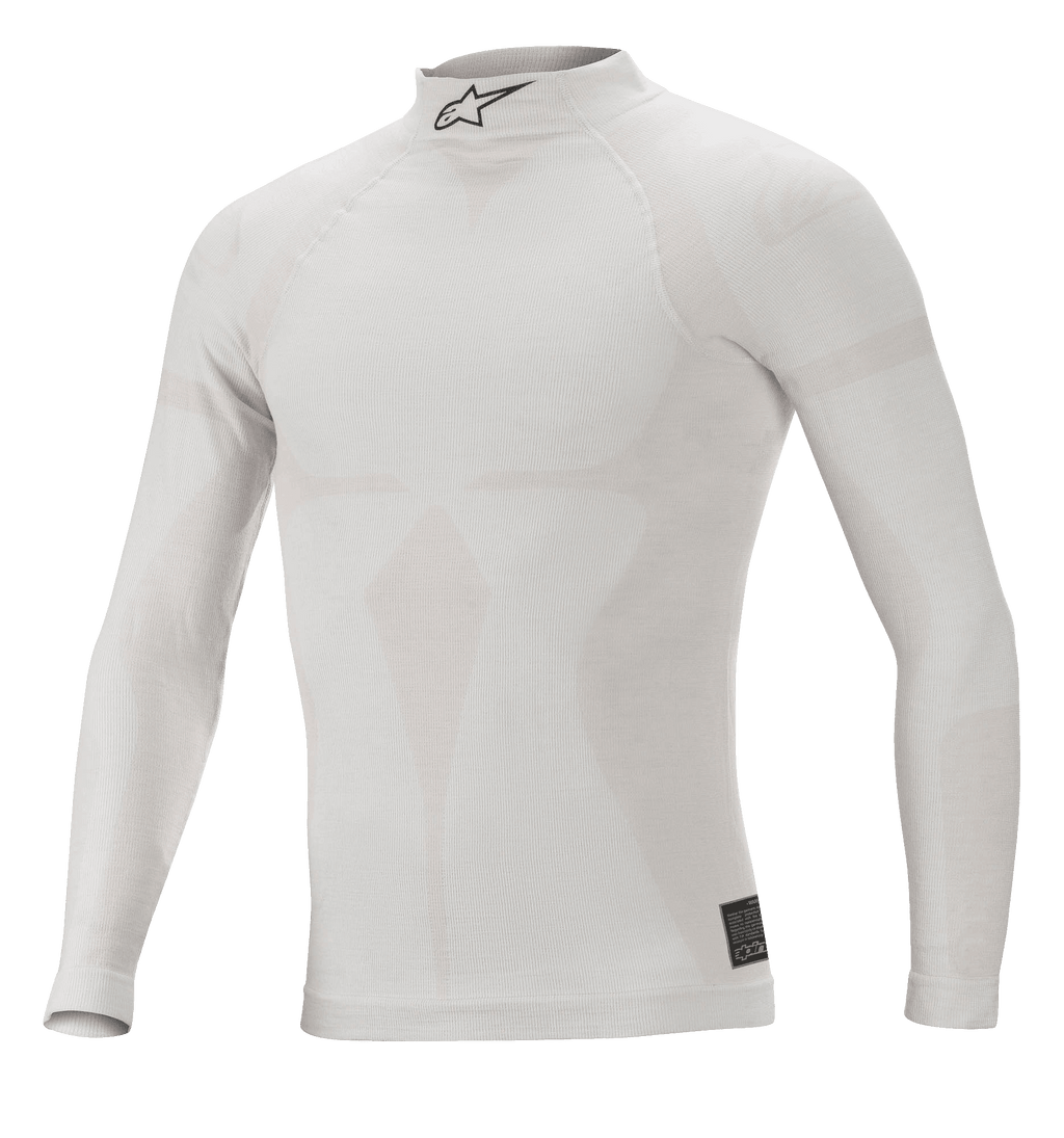 Alpinestars ZX Evo V2 top met lange mouwen, wit grijs, vlamvertragende basislaag voor autoracen, hoge kraag met zwart logo, naadloze constructie met jacquard-motief, lichtgewicht en nauwsluitend sportondergoed
