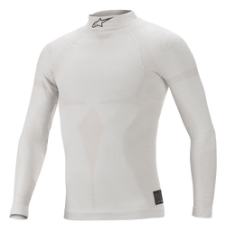 Alpinestars ZX Evo V2 top met lange mouwen, wit grijs, vlamvertragende basislaag voor autoracen, hoge kraag met zwart logo, naadloze constructie met jacquard-motief, lichtgewicht en nauwsluitend sportondergoed