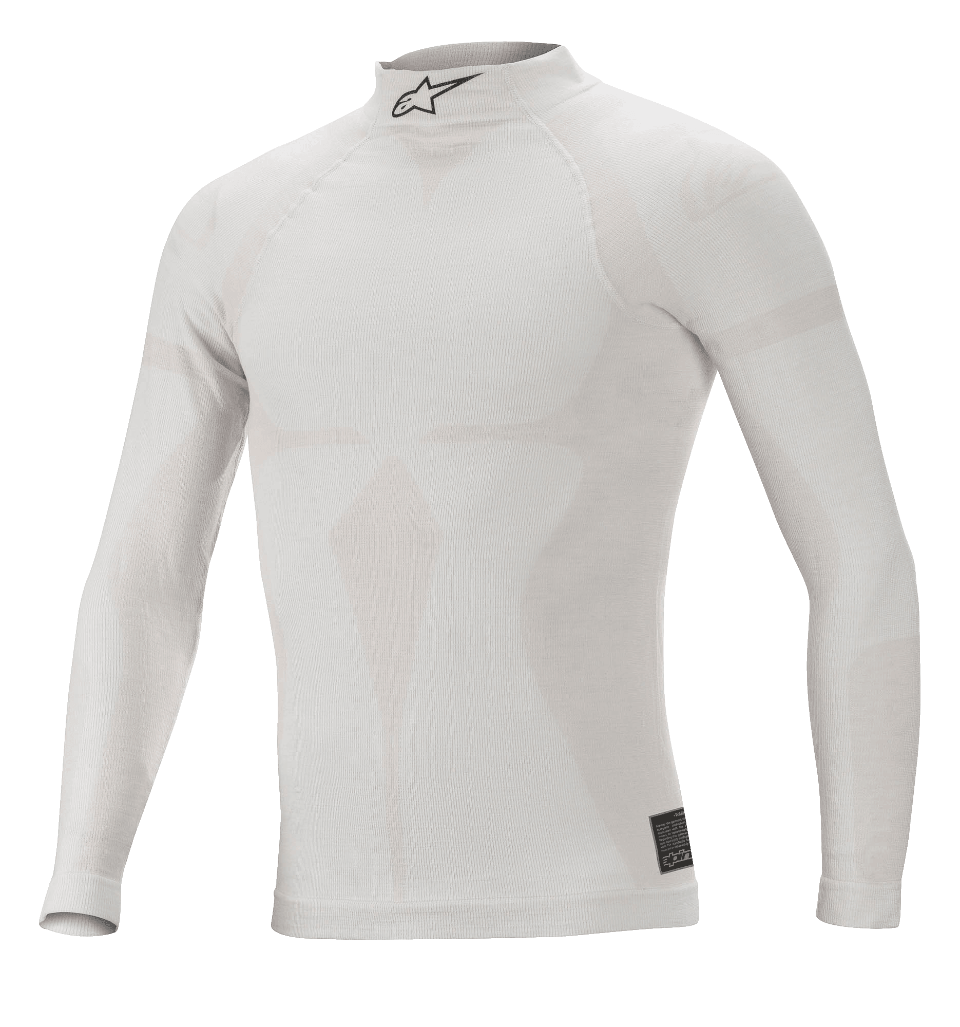 Haut à manches longues Alpinestars ZX Evo V2, blanc et gris, sous-couche de course automobile ignifugée, col montant avec logo Astars noir, construction sans couture avec motif jacquard, sous-vêtement de performance léger et ajusté