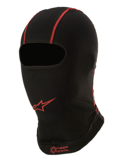 Alpinestars KX V2 Balaclava, Sommer-Unterhelm-Basisschicht, Schwarz mit roten Nähten, rotes Alpinestars Stern-Logo und „KEEP COOL“ Schriftzug, dünnes atmungsaktives Gewebe für Kart- und Motorsport