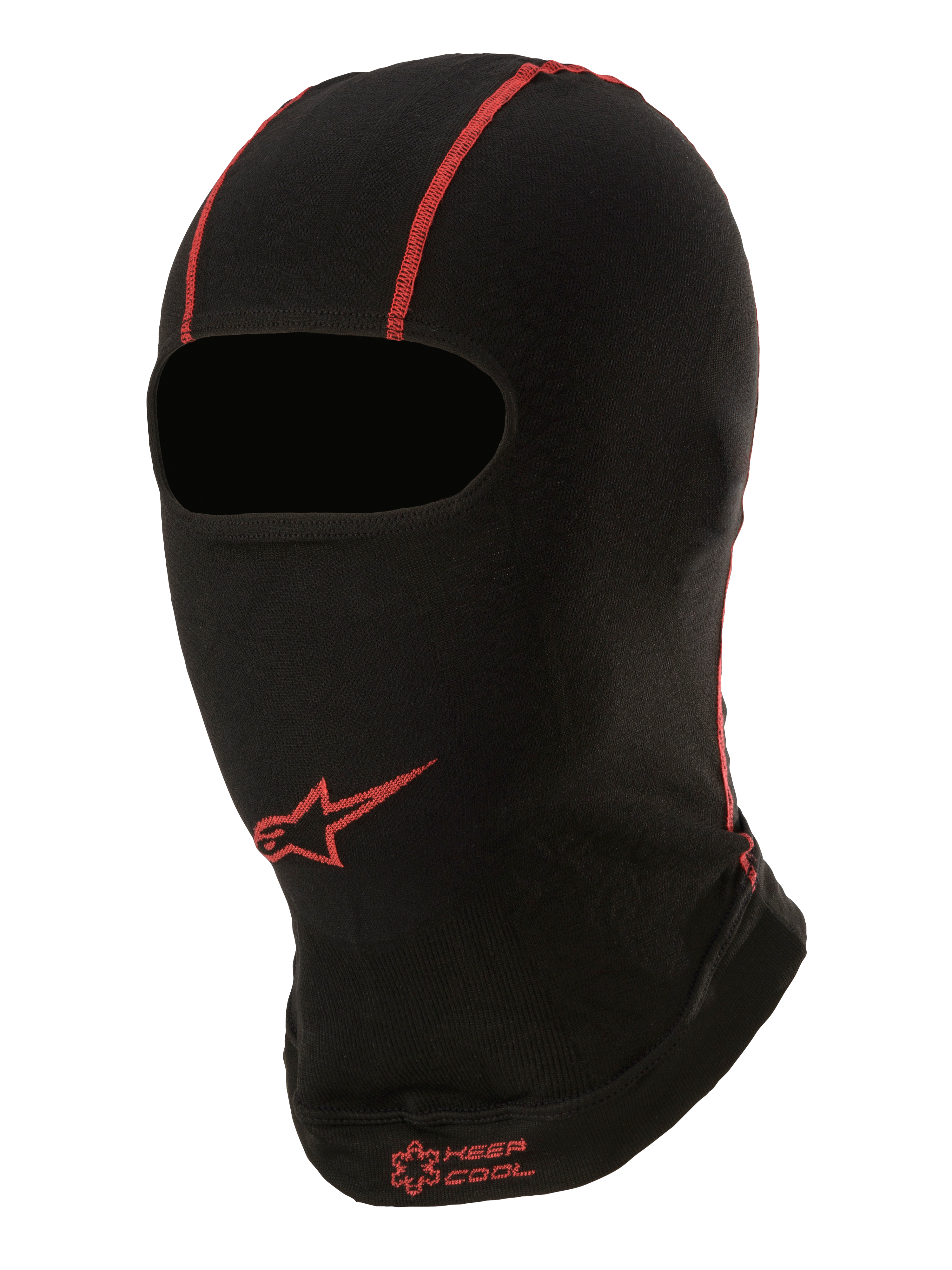 Cagoule Alpinestars KX V2, sous-casque d'été, noir avec surpiqûres rouges, logo étoile Alpinestars rouge et texte « KEEP COOL », tissu fin et respirant pour le karting et le sport automobile