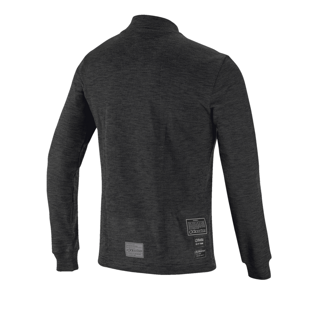 Alpinestars Race V3 Top met lange mouwen, achteraanzicht, zwarte vlamwerende basislaag, gebreid ontwerp met textuur, lange mouwen met geribbelde manchetten, FIA-homologatielabels op de onderrug