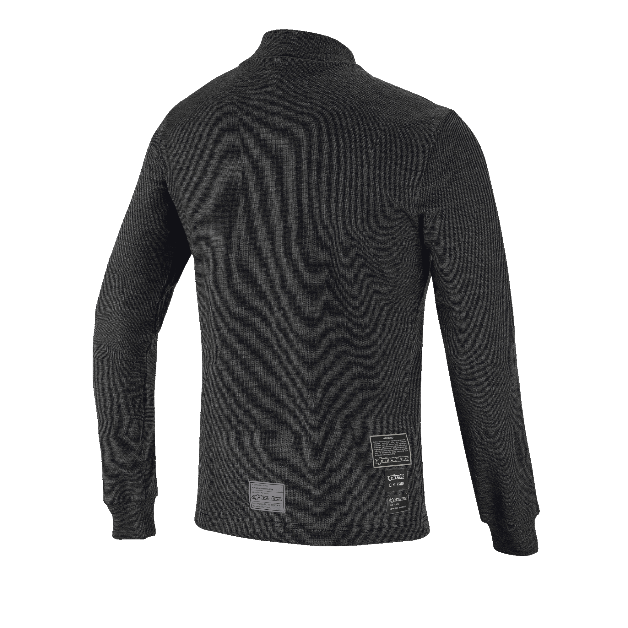 Alpinestars Race V3 Top met lange mouwen, achteraanzicht, zwarte vlamwerende basislaag, gebreid ontwerp met textuur, lange mouwen met geribbelde manchetten, FIA-homologatielabels op de onderrug