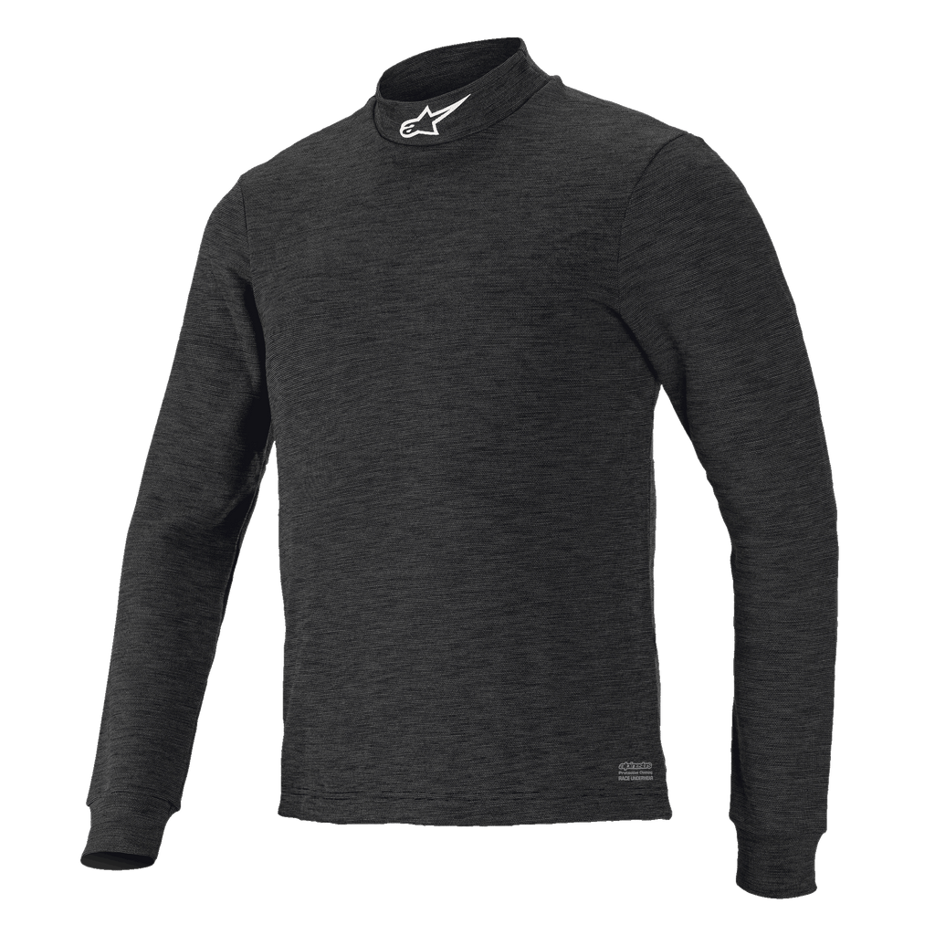 Alpinestars Race V3 top met lange mouwen, zwarte basislaag met textuur, hoge mock-neck kraag met wit logo, nauwsluitend ontwerp, vlamvertragende technische onderkleding voor motorsport