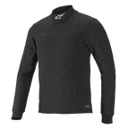 Alpinestars Race V3 top met lange mouwen, zwarte basislaag met textuur, hoge mock-neck kraag met wit logo, nauwsluitend ontwerp, vlamvertragende technische onderkleding voor motorsport