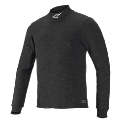 Alpinestars Race V3 Langarm-Oberteil, schwarze strukturierte Funktionsunterwäsche, hoher Stehkragen mit weißem Logo, körpernahe Passform, flammhemmende Motorsport-Funktionsbekleidung