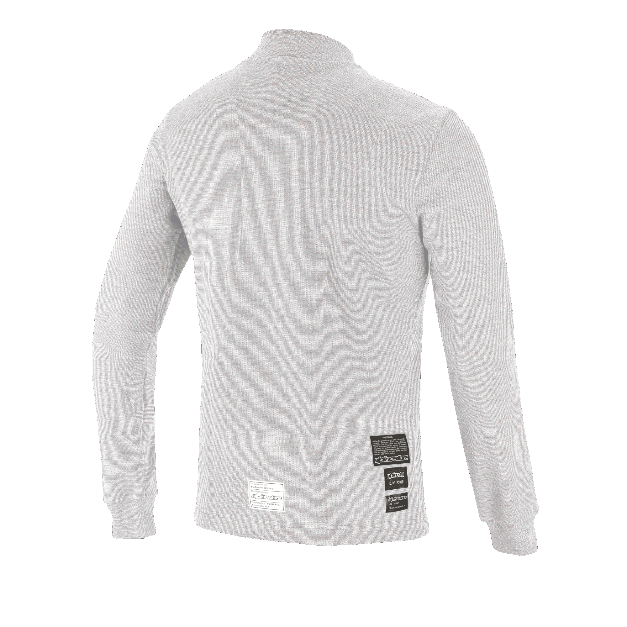 Alpinestars Race V3 Long Sleeve Top, couche de base pour le sport automobile, blanc, vue arrière montrant les étiquettes d'homologation FIA 8856-2018 sur le bas du dos, matériau résistant aux flammes à texture douce pour la protection en sport automobile