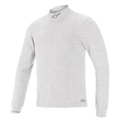 Alpinestars Race V3 Long Sleeve Top, Auto Racing Base Layer, White, mock neck with small logo, long sleeves, soft-touch flame-resistant fabric, minimalist athletic design