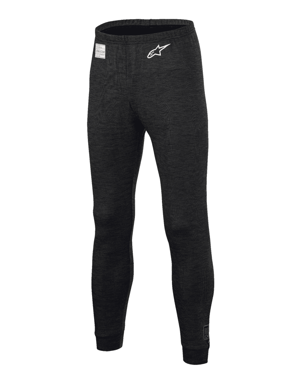 Alpinestars Race V3 Bottom, pantalon de couche de base pour le sport automobile, noir, doté d'un tissu texturé ignifuge, logo étoilé blanc sur la cuisse, étiquette d'homologation FIA sur la ceinture, sous-vêtement technique long pour le sport automobile professionnel