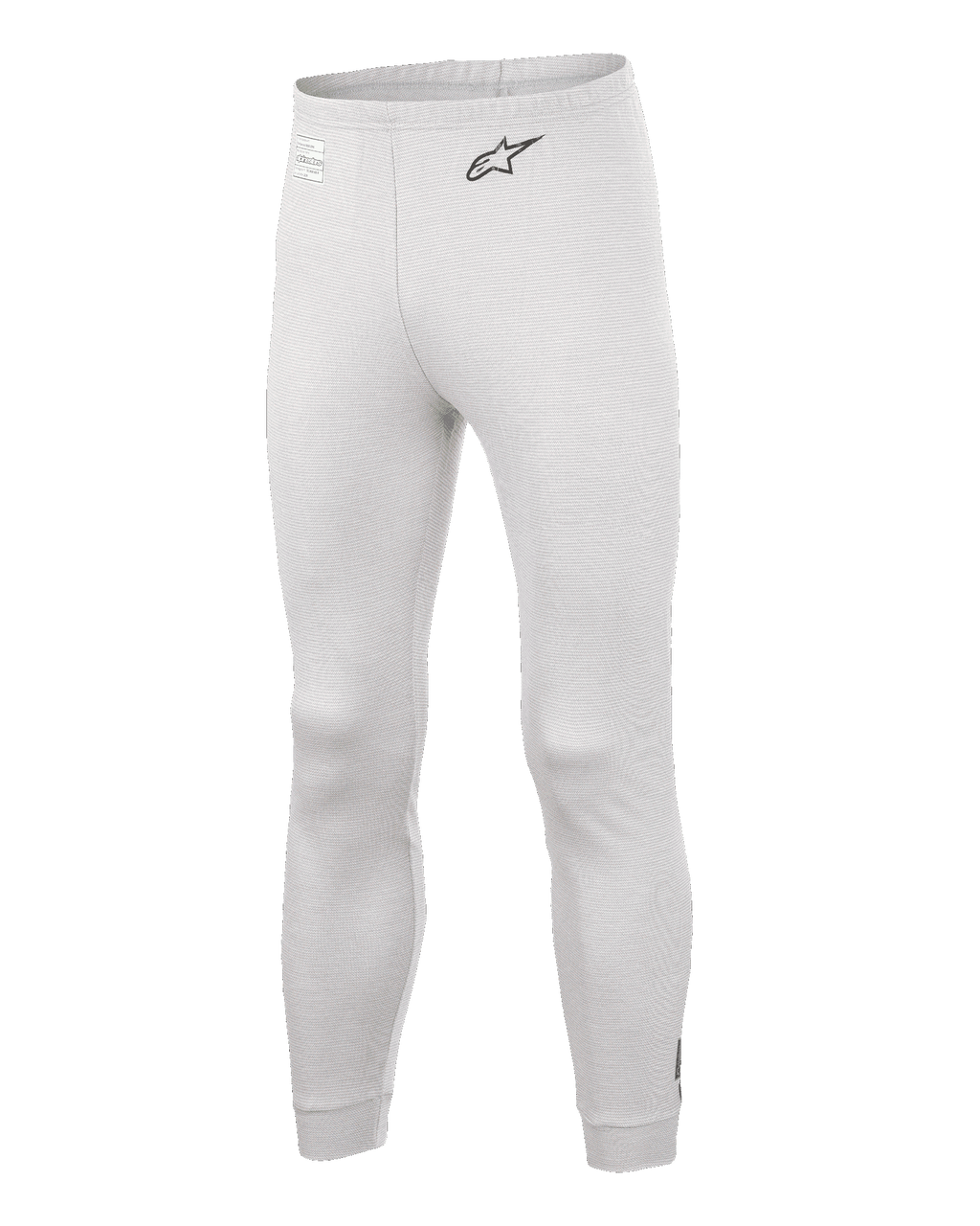 Alpinestars Race V3 Bottom, pantalon de sous-couche pour sport automobile, blanc, matériau texturé ignifugé, logo A-star noir sur la hanche, chevilles et taille côtelées, sous-couche technique légère