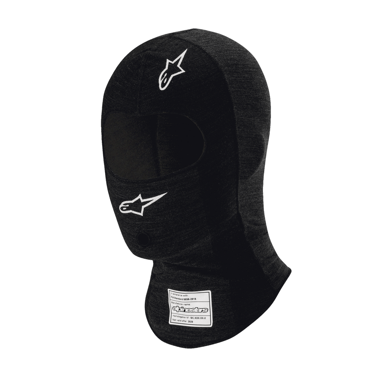 Alpinestars Race V3 Balaclava, cagoule de course automobile noire ignifugée, logos étoiles blanches sur le front et la joue, étiquette d'homologation FIA sur le cou, tissu technique léger avec ouverture pour les yeux pour la protection de la tête en sport automobile