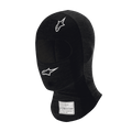 Alpinestars Race V3 Balaclava, cagoule de course automobile noire ignifugée, logos étoiles blanches sur le front et la joue, étiquette d'homologation FIA sur le cou, tissu technique léger avec ouverture pour les yeux pour la protection de la tête en sport automobile