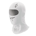 Cagoule Alpinestars Race V3, blanche, cagoule de sport automobile, avec logos Alpinestars noirs, large ouverture ovale pour les yeux et étiquette d'homologation FIA 8856-2018, tissu léger résistant aux flammes.