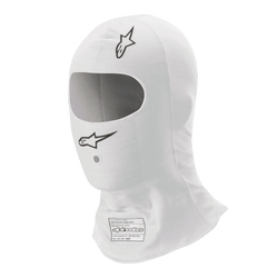 Cagoule Alpinestars Race V3, blanche, cagoule de sport automobile, avec logos Alpinestars noirs, large ouverture ovale pour les yeux et étiquette d'homologation FIA 8856-2018, tissu léger résistant aux flammes.