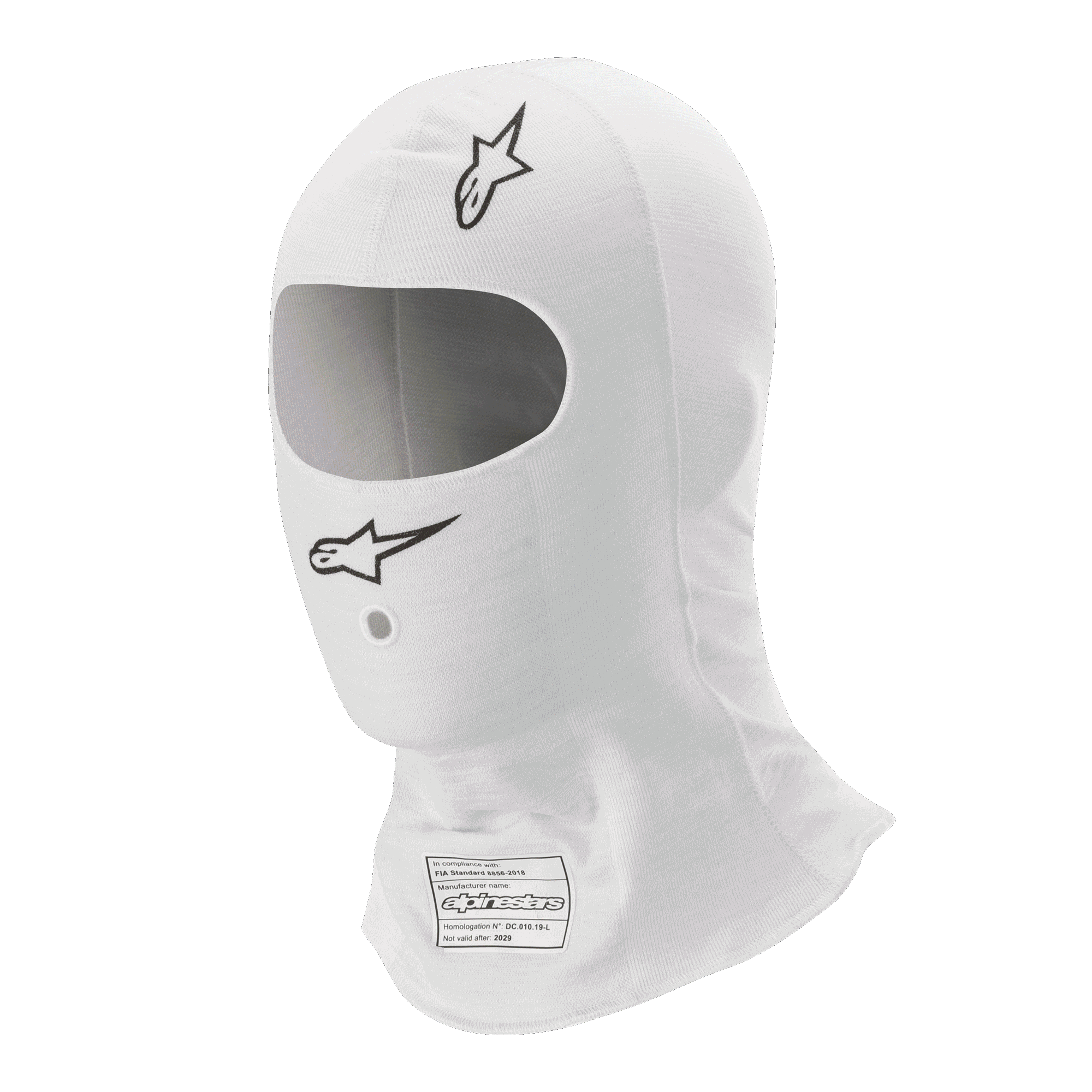 Alpinestars Race V3 bivakmuts, wit, autosport head sock, voorzien van zwarte Alpinestars-logo's, grote ovale oogopening en FIA 8856-2018-homologatielabel, lichtgewicht vlamvertragende stof.