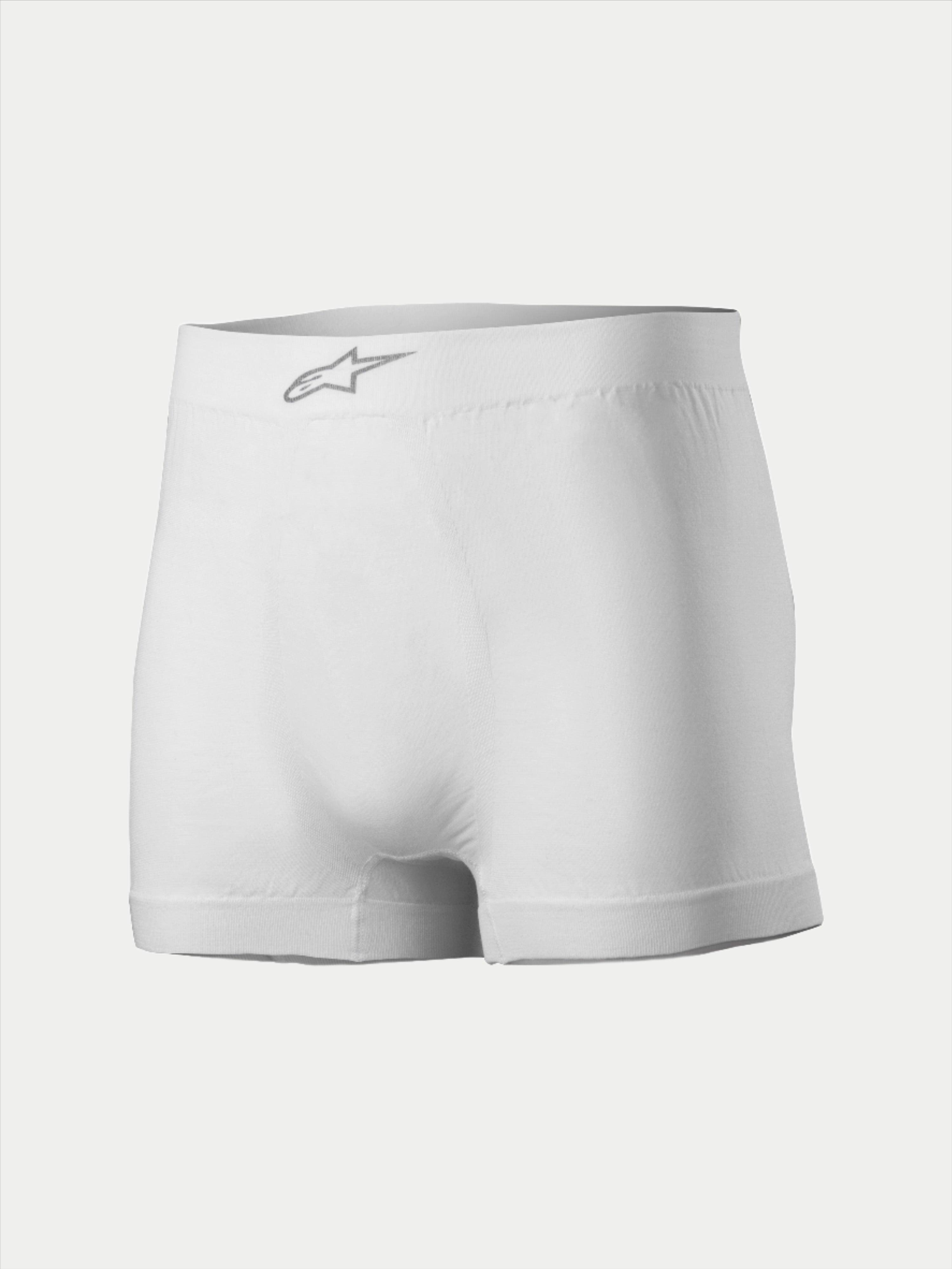 Alpinestars TECH ZX Boxer, Motorsport-Unterwäsche, Weiß, mit silbernem Alpinestars-Logo auf dem vorderen Bund, leichtes flammhemmendes Material, Basisschicht für den Motorsport