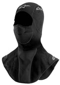 Alpinestars Cagoule Winter, cagoule de moto pour temps froid, noire, avec plastron en polaire étendu pour le cou et la poitrine, empiècement buccal perforé respirant et logos imprimés blancs.