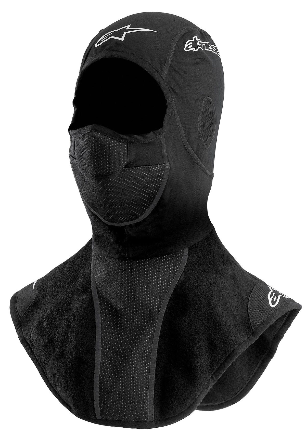 Alpinestars Cagoule Winter, cagoule de moto pour temps froid, noire, avec plastron en polaire étendu pour le cou et la poitrine, empiècement buccal perforé respirant et logos imprimés blancs.