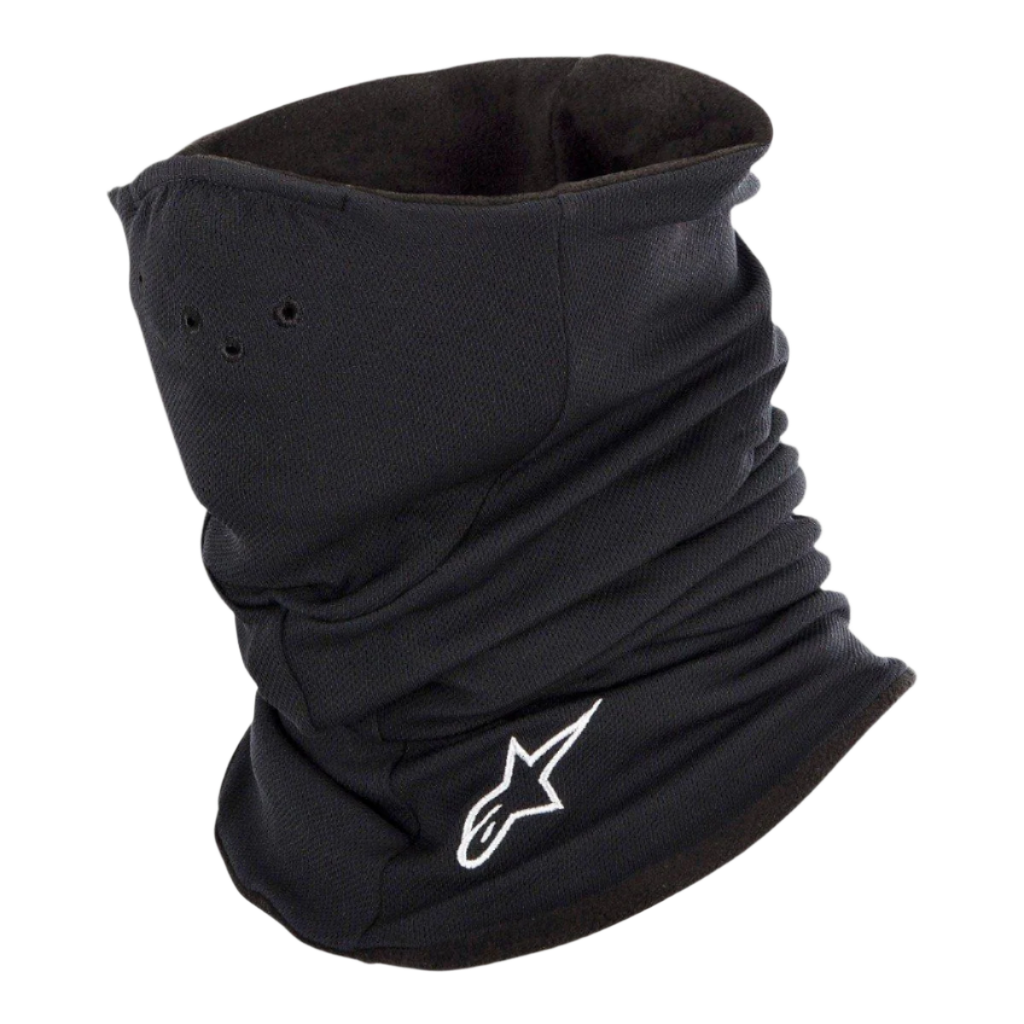 Alpinestars Tech Neck Warmer en Noir, cache-cou de moto avec logo blanc brodé, doté de trous d'aération et d'une doublure en polaire double couche pour une protection thermique et une résistance au vent froid.