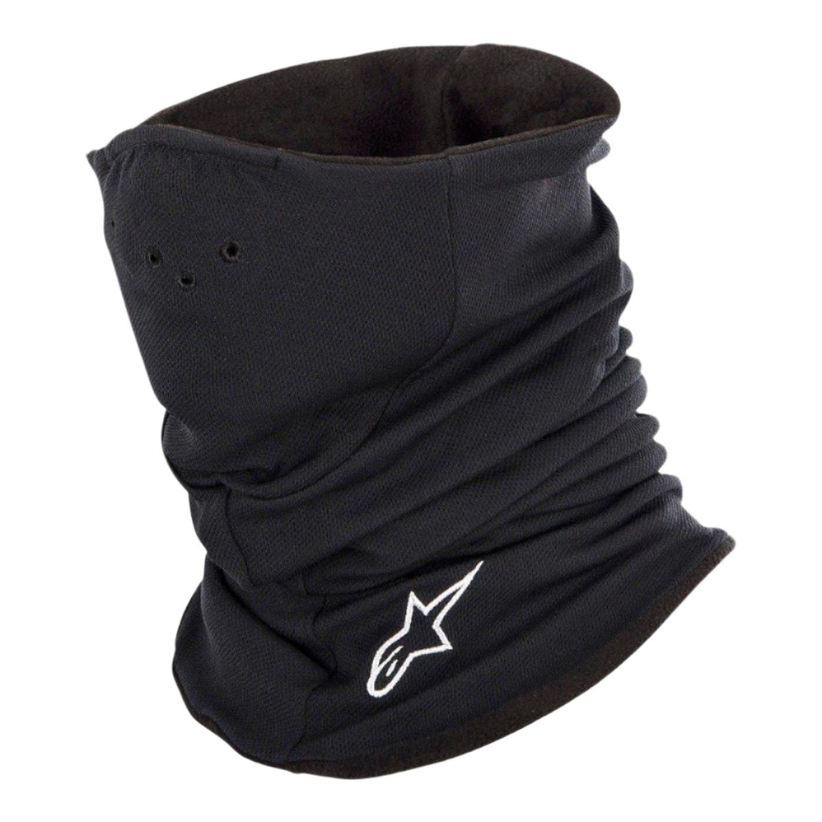 Alpinestars Tech Neckwarmer in het zwart, motornekwarmer met wit geborduurd logo, voorzien van geperforeerde luchtgaten en een dubbel gelaagde fleecevoering voor thermische bescherming en windkoudebestendigheid.