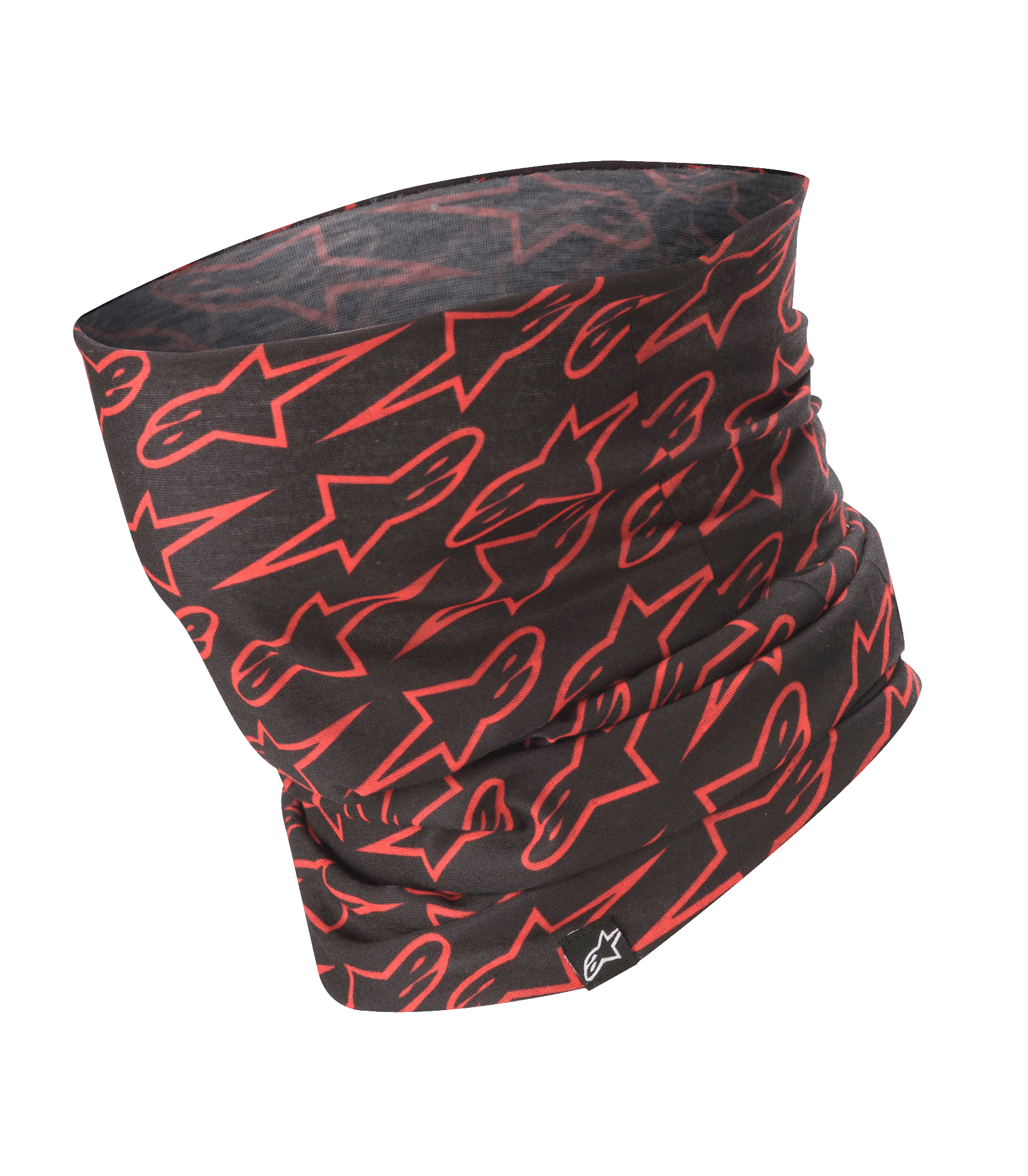 Alpinestars Neck Tube, motornekwarmer, zwart met rood sterlogo-patroon, lichtgewicht zijdeachtige stof, basislaag accessoire voor motorrijden
