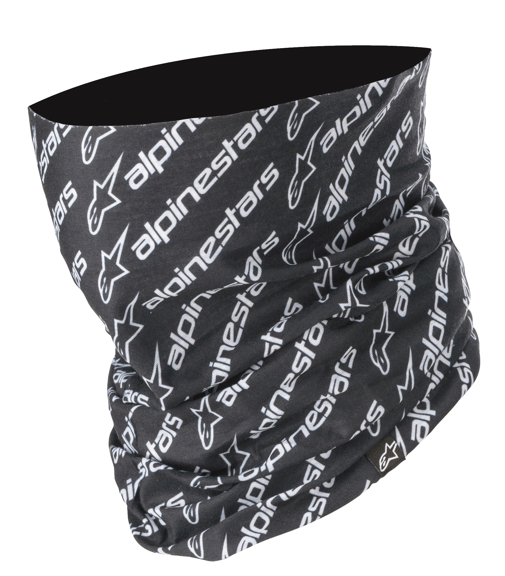 Alpinestars Linear Neck Tube, motor nekwarmer, zwart en wit, herhaald diagonaal Alpinestars logo- en tekstpatroon, naadloze microvezelconstructie, lichtgewicht basislaag voor motorrijden op de weg