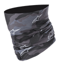 Alpinestars Tactical Neck Tube in Black Tar Gray, digital camouflage pattern with white star logos, seamless microfiber construction, versatile motorcycle neck gaiter and base layer coverage