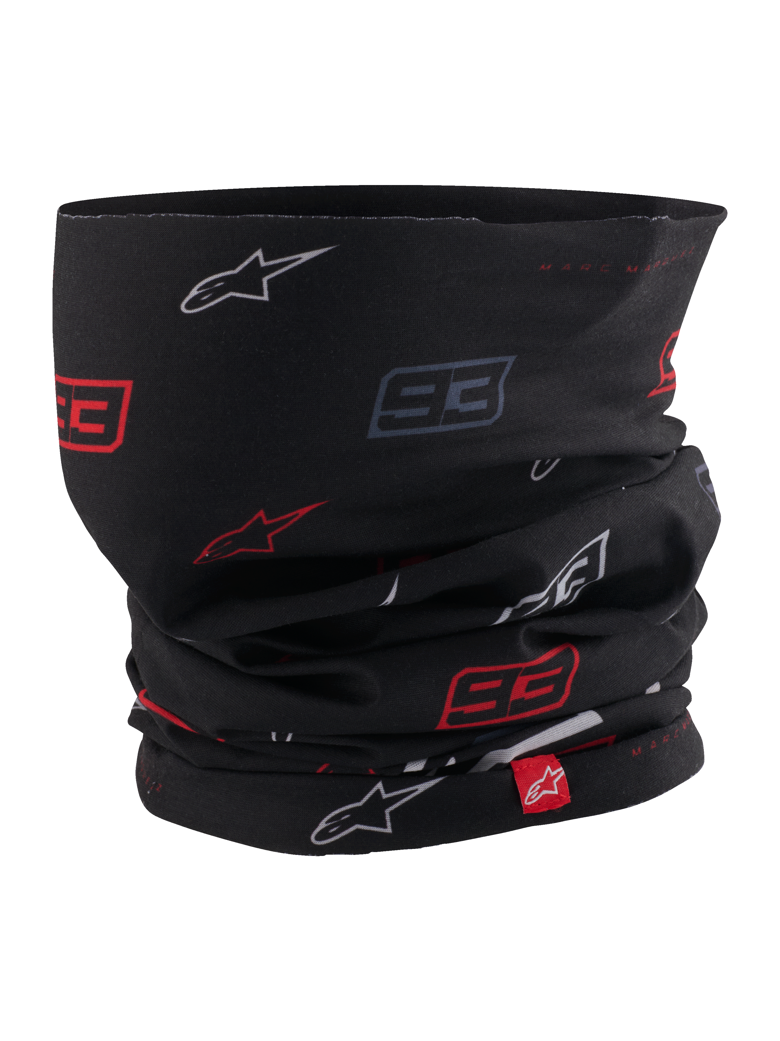 Alpinestars MM93 nektube, motor-nekwarmer, zwart met rood en wit Marc Márquez 93- en sterlogo-patroon, lichtgewicht stretchstof, voorzien van een klein rood Alpinestars-merklabel