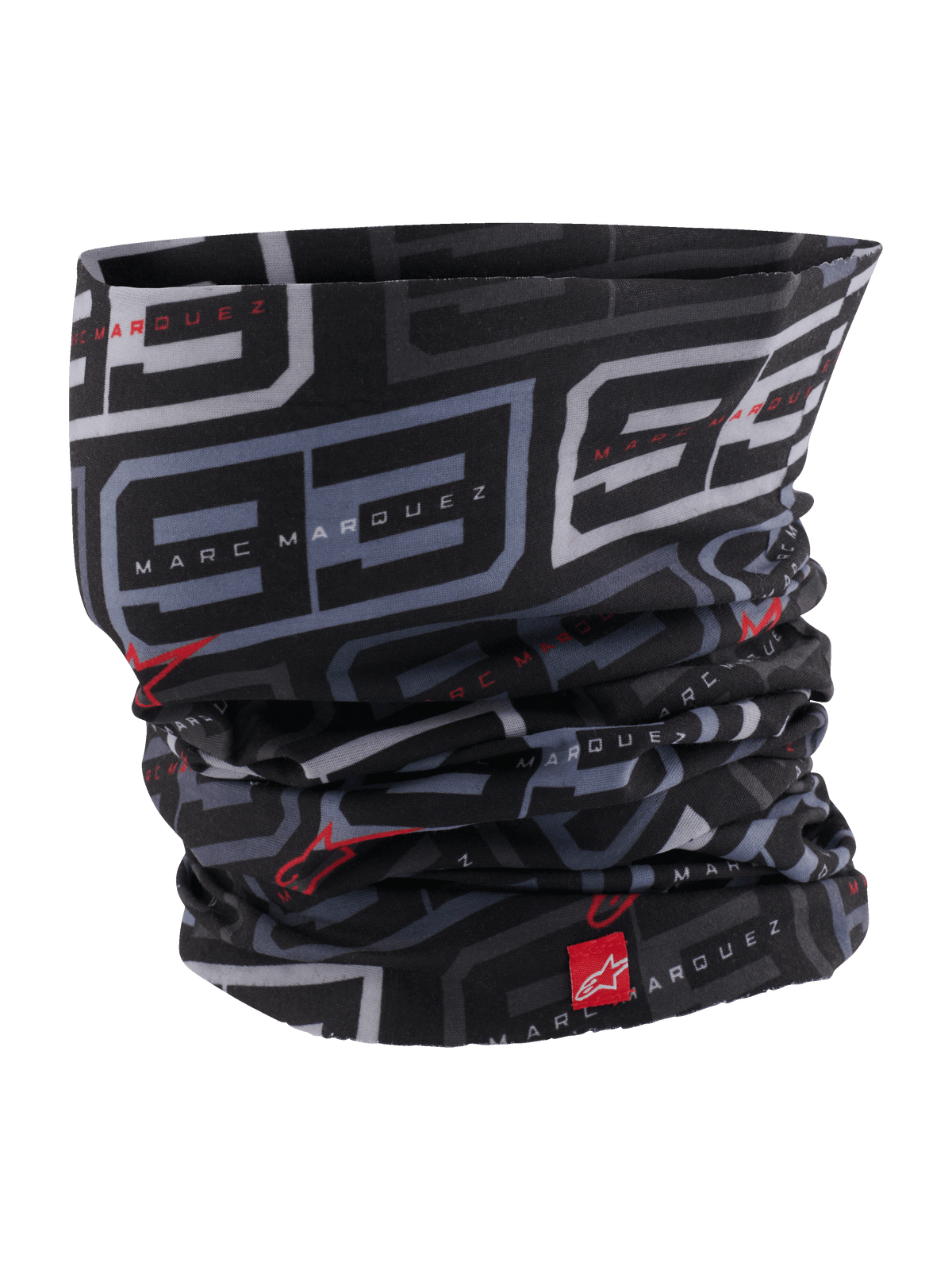 Alpinestars MM93 nekwarmer, motor-nekwarmer, zwart antraciet en felrood, met een herhalend grijs '93'-patroon en Marc Marquez-branding, rode Alpinestars-logo's, lichtgewicht zijdeachtige stof voor motorrijden op de weg in de lente en zomer