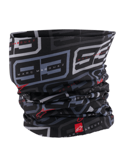 Alpinestars MM93 Neck Tube, Motorrad-Halswärmer, Schwarz, Anthrazit und leuchtendes Rot, mit wiederkehrendem grauen „93“-Muster und Marc Marquez Branding, roten Alpinestars-Logos, leichtes seidiges Material für Straßenfahrten im Frühjahr und Sommer