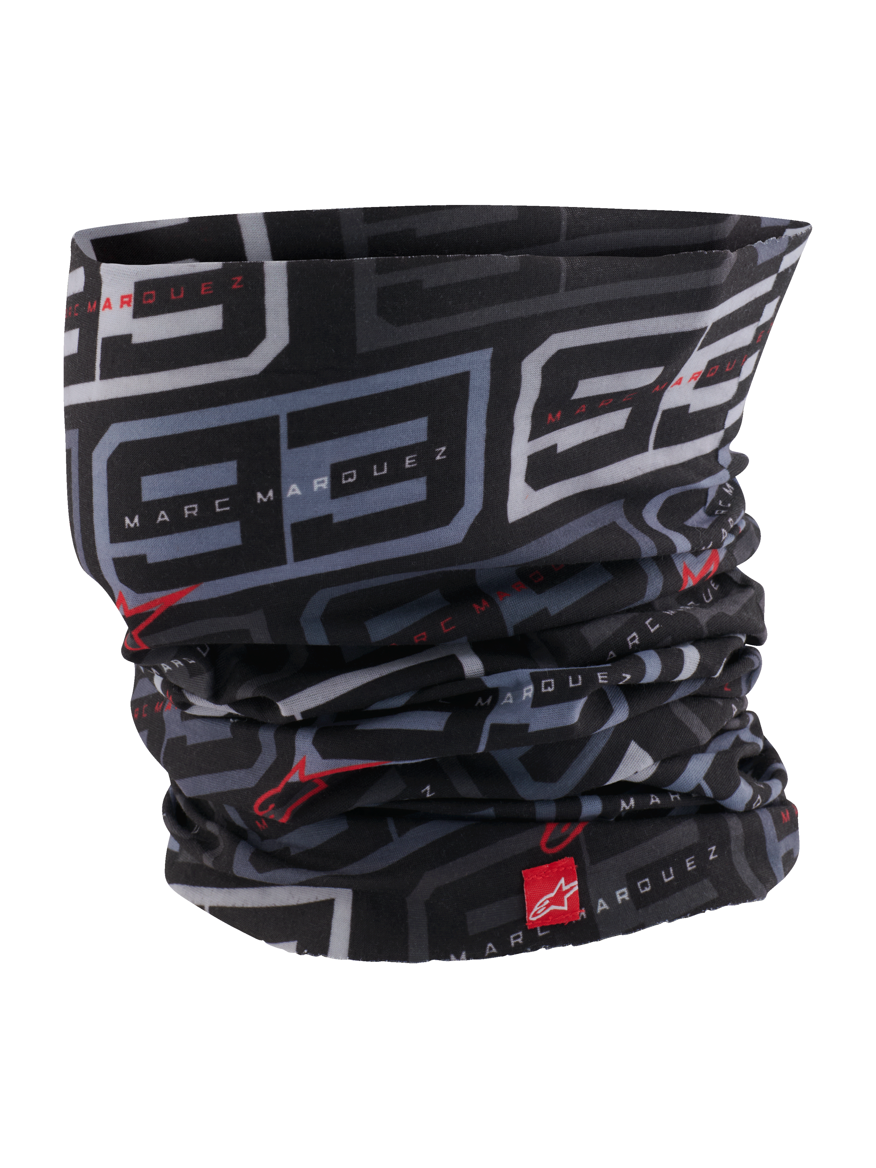 Tour de cou MM93 Alpinestars, cache-cou moto, noir anthracite et rouge vif, avec motifs '93' gris récurrents et branding Marc Marquez, logos Alpinestars rouges, tissu léger et soyeux pour la route au printemps et en été