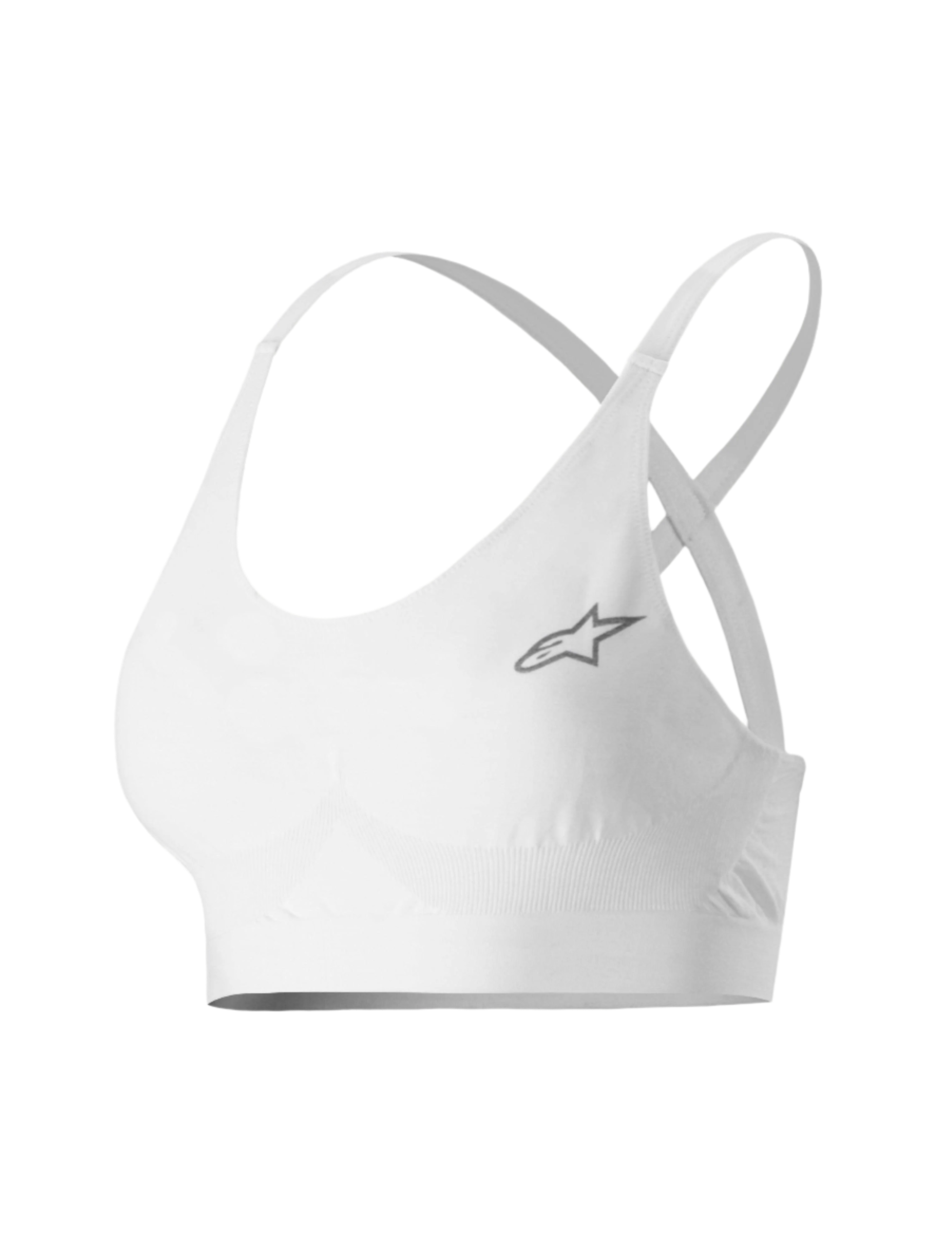 Brassière Alpinestars Stella TECH ZX, sous-vêtement technique de sport automobile pour femme, blanche, avec un petit logo étoile gris, tissu LENZING™ FR léger et résistant aux flammes, fines bretelles et bande de maintien pour la performance en course automobile professionnelle