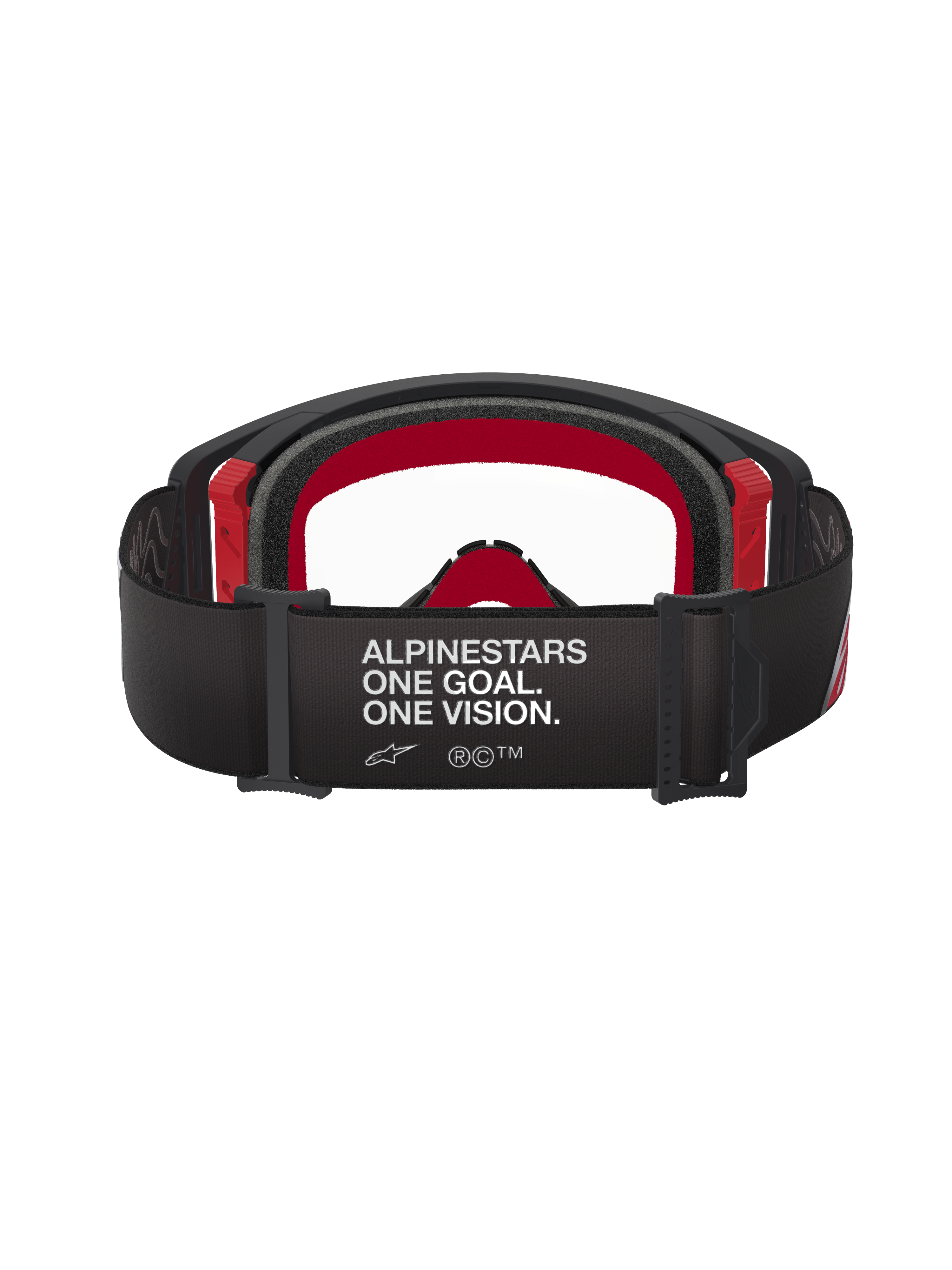 Alpinestars Supertech Corp Goggles, Motocross-Brille, Schwarz und Rot mit klarem Glas, Rückansicht mit breitem schwarzem Band und weißem „ALPINESTARS ONE GOAL. ONE VISION.“-Branding, mehrlagiger Gesichtsschaum und rote Rahmenakzente.