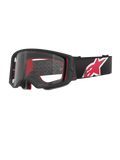 Alpinestars Supertech Corp Goggles, Motocross-Brille, schwarzer und roter Rahmen mit klarem Glas, schwarzes verstellbares Band mit großem rot-weißem Stern-Logo, professionelle Motocross-Ausrüstung für den Offroad-Rennsport