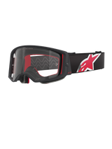 Alpinestars Supertech Corp Goggles, zwart en rood frame met heldere lens, zwarte verstelbare band met een groot rood en wit sterlogo, professionele motorcrossbril ontworpen voor off-road racen