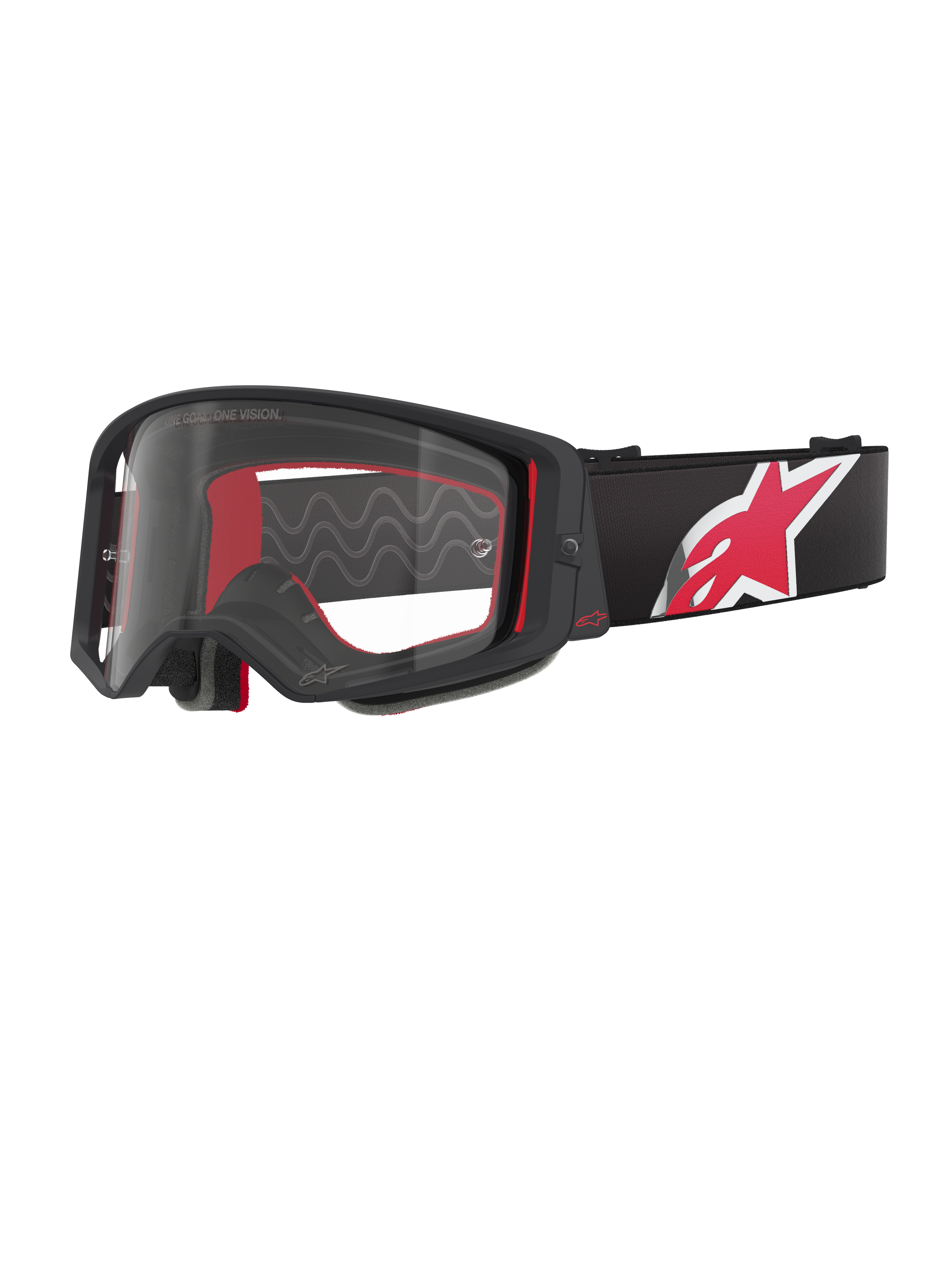 Alpinestars Supertech Corp Goggles, Motocross-Brille, schwarzer und roter Rahmen mit klarem Glas, schwarzes verstellbares Band mit großem rot-weißem Stern-Logo, professionelle Motocross-Ausrüstung für den Offroad-Rennsport