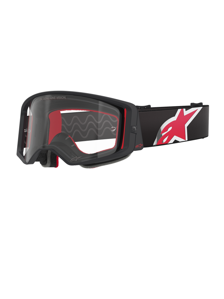 Masque Alpinestars Supertech Corp, monture noire et rouge avec écran clair, bandeau réglable noir avec un grand logo étoile rouge et blanc, protection oculaire professionnelle conçue pour le motocross et le tout-terrain