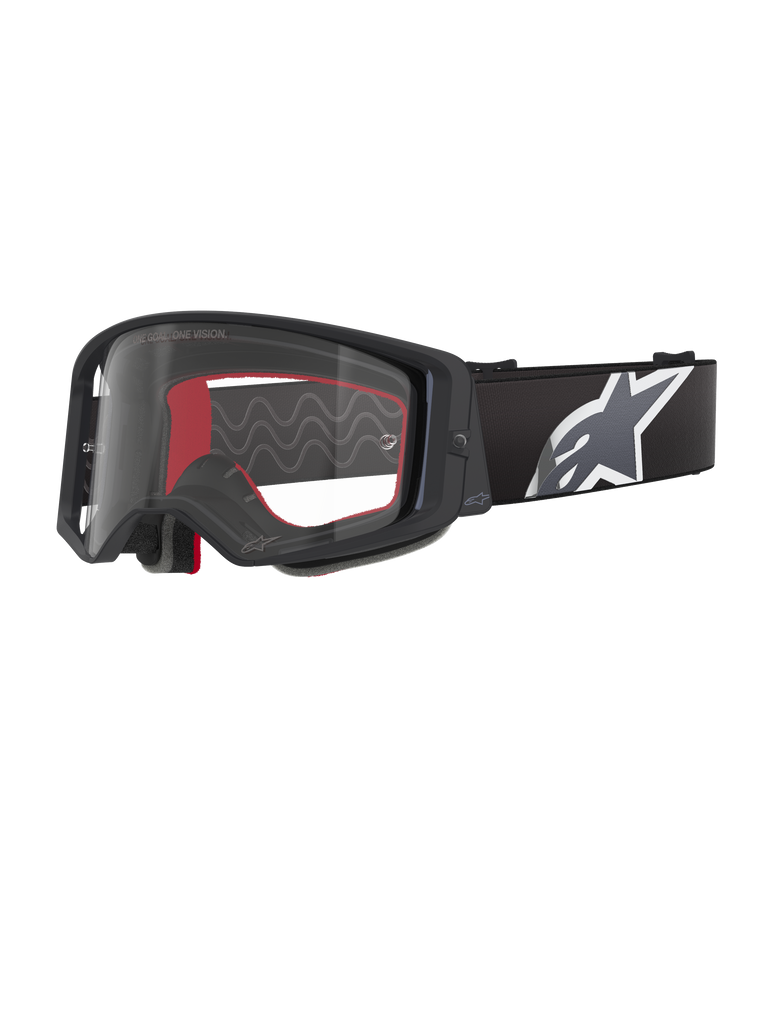 Alpinestars Supertech Corp Goggles, Motocross-Brille, Schwarz, Grau und Klar, klare Polycarbonatscheibe mit schwarzem Rahmen, roter Innenschaumstoff, breites verstellbares Band mit großem weiß-grauen Astars-Logo, schützende Offroad-Brille