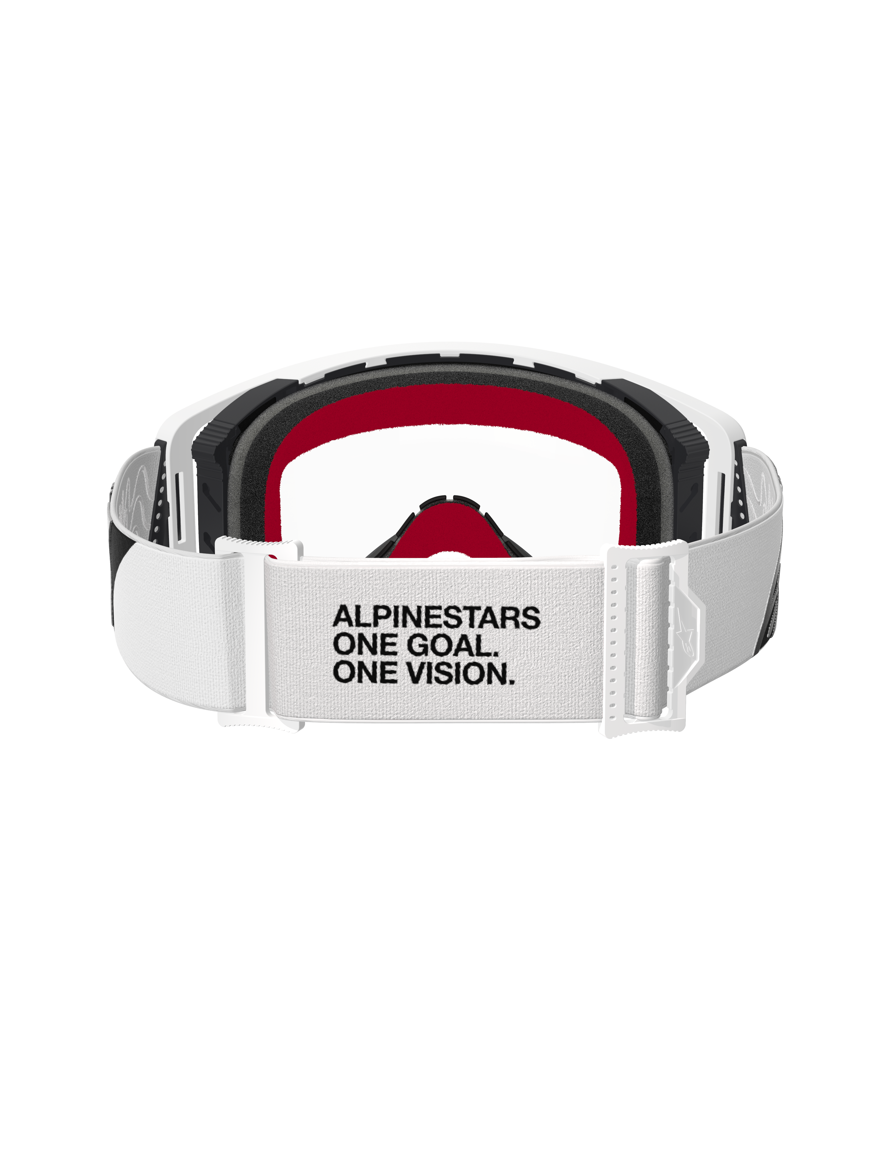 Alpinestars Supertech Corp Goggles, Motocross-Brille, weißer Rahmen mit klarer Scheibe, Rückansicht mit weißem verstellbarem Band mit schwarzem Text 'ALPINESTARS ONE GOAL. ONE VISION.', schwarzer Schaumstoff mit roten Akzenten, hochleistungsfähige Offroad-Schutzbrille