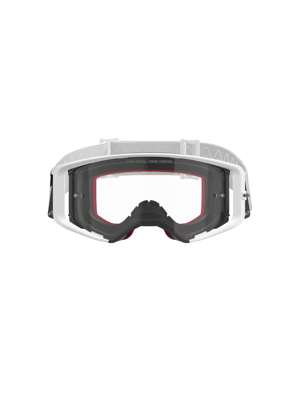 Alpinestars Supertech Corp Goggles, Motocross-Brille, Weiß mit klarem Glas, weißes und hellgraues verstellbares Band, mit „ONE GOAL. ONE VISION.“ Schriftzug auf dem Glas, rote Akzente am Gesichtsschaum, Hochleistungs-Schutzausrüstung für den Offroad-Rennsport