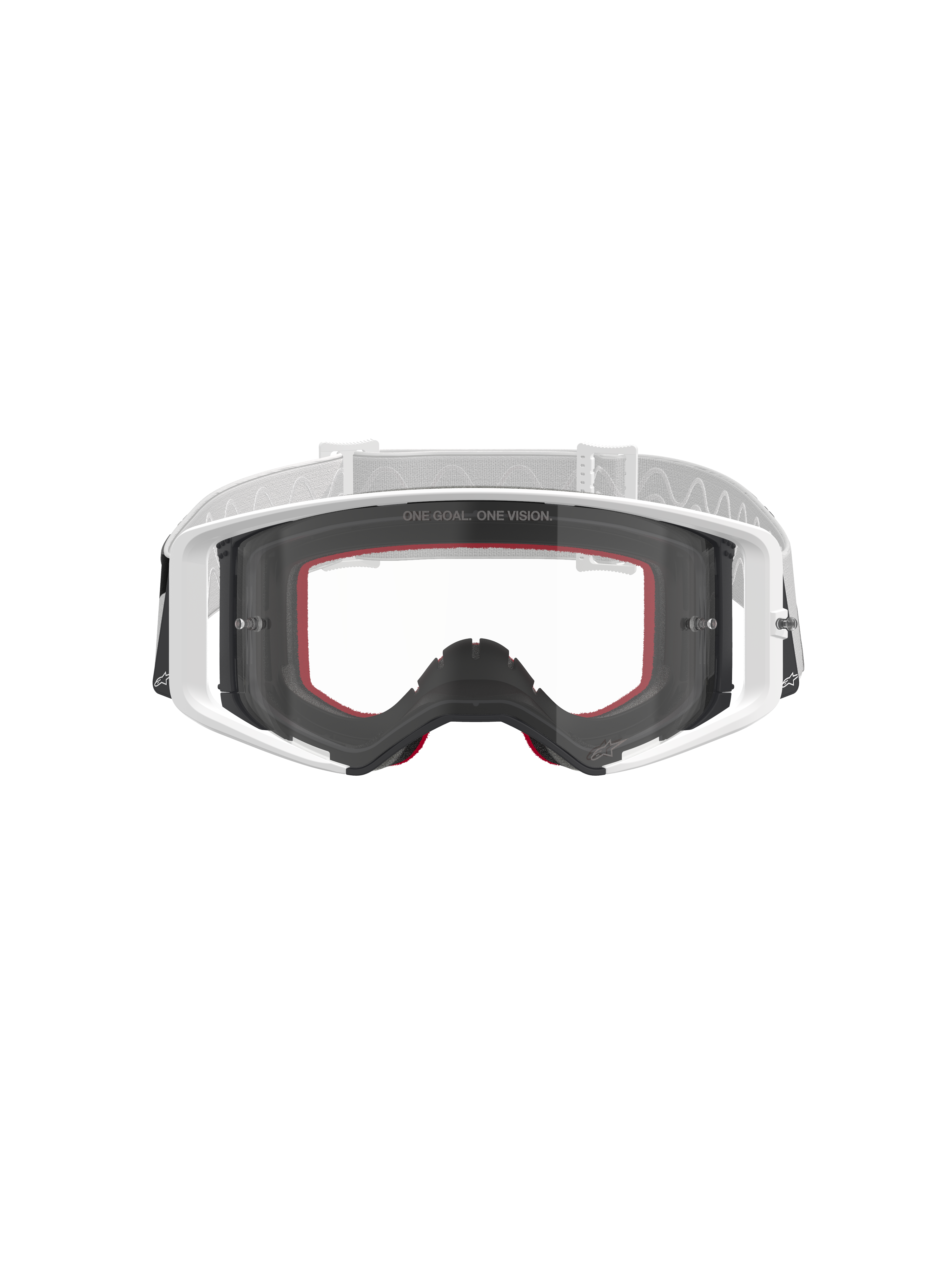 Alpinestars Supertech Corp Goggles, Motocross-Brille, Weiß mit klarem Glas, weißes und hellgraues verstellbares Band, mit „ONE GOAL. ONE VISION.“ Schriftzug auf dem Glas, rote Akzente am Gesichtsschaum, Hochleistungs-Schutzausrüstung für den Offroad-Rennsport