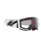 Alpinestars Supertech Corp Goggles, Motocross-Brille, Weiß und Klar, weißes Band mit großem schwarzem Alpinestars-Logo, klares spritzgegossenes Glas, weißer doppelt gespritzter Rahmen, Performance-Brille für den Offroad-Rennsport