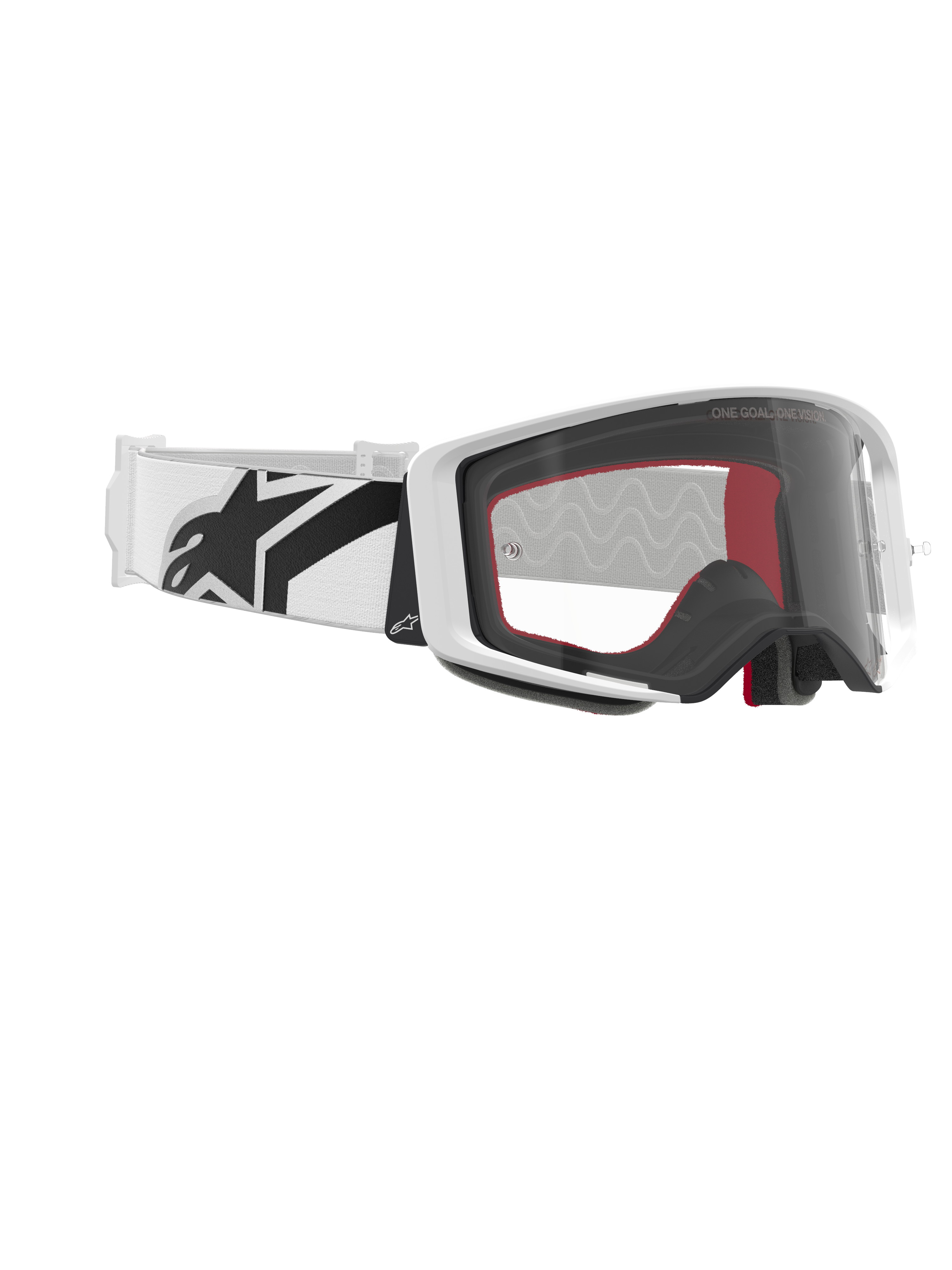 Alpinestars Supertech Corp Goggles, Motocross-Brille, Weiß und Klar, weißes Band mit großem schwarzem Alpinestars-Logo, klares spritzgegossenes Glas, weißer doppelt gespritzter Rahmen, Performance-Brille für den Offroad-Rennsport