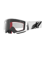 Alpinestars Supertech Corp Goggles, Motocross-Brille, Weiß und Klar, weißer Rahmen mit klarer Polycarbonat-Scheibe, weißes Band mit markantem schwarzem Alpinestars-Logo, rot-schwarzer mehrschichtiger Gesichtsschaum
