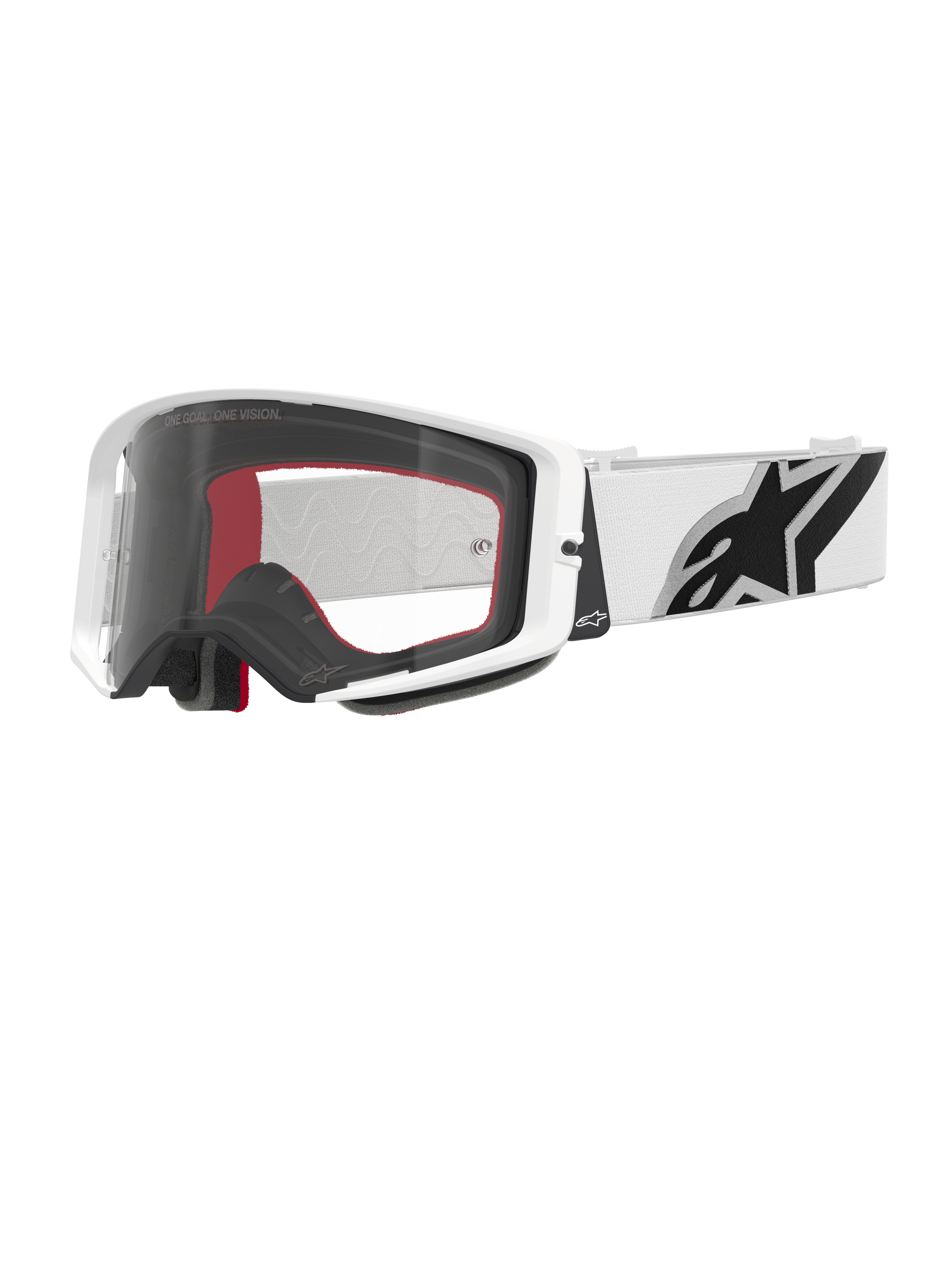Alpinestars Supertech Corp Goggles, Motocross-Brille, Weiß und Klar, weißer Rahmen mit klarer Polycarbonat-Scheibe, weißes Band mit markantem schwarzem Alpinestars-Logo, rot-schwarzer mehrschichtiger Gesichtsschaum