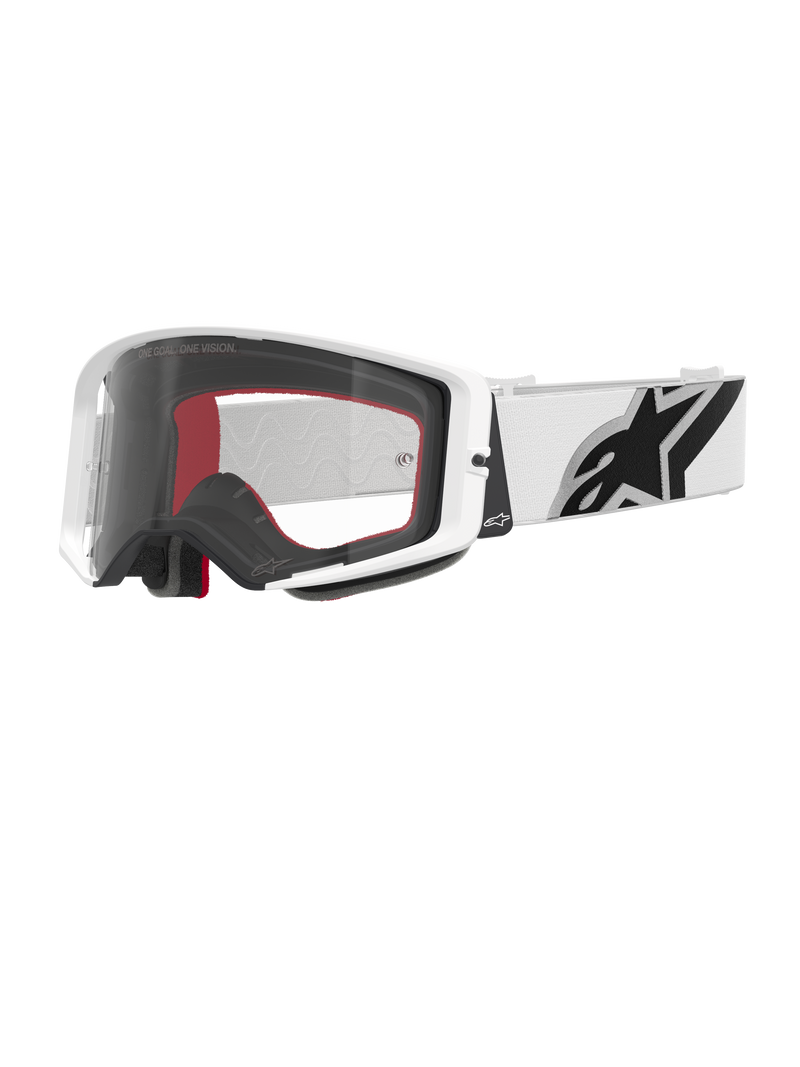 Alpinestars Supertech Corp Goggles, Motocross-Brille, Weiß und Klar, weißer Rahmen mit klarer Polycarbonat-Scheibe, weißes Band mit markantem schwarzem Alpinestars-Logo, rot-schwarzer mehrschichtiger Gesichtsschaum