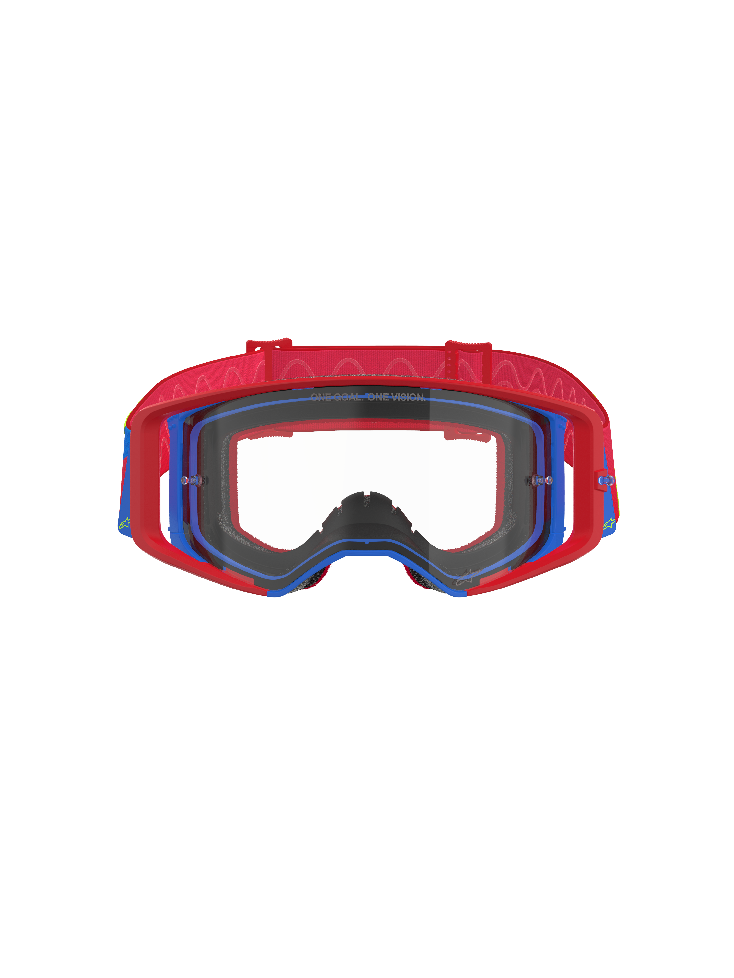 Alpinestars Supertech Corp Goggles, Motocross Goggles, Red and Blue with Clear lens, red outer frame and blue inner frame, red strap with wavy silicone pattern, performance eyewear for off-road racing