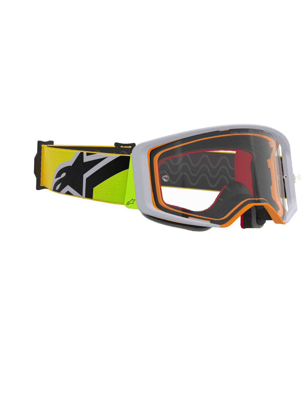 Alpinestars Supertech Corp Goggle, Motocross-Brille, Gelb Fluo und Grau, klare Sichtscheibe mit orangefarbenen Rahmenakzenten, gelbes Fluo-Band mit schwarzem Alpinestars-Logo für den Offroad-Rennsport.