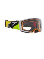 Alpinestars Supertech Corp Goggle, Motocross-Brille, Gelb Fluo und Grau, klare Sichtscheibe mit orangefarbenen Rahmenakzenten, gelbes Fluo-Band mit schwarzem Alpinestars-Logo für den Offroad-Rennsport.
