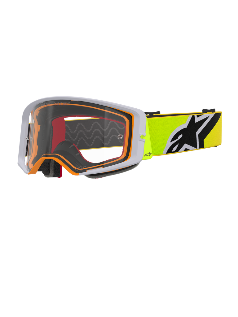 Alpinestars Supertech Corp Goggles, Motocross-Brille, Fluo-Gelb Grau Klar, grauer Außenrahmen mit orangefarbener Innendichtung, klare Scheibe, leuchtend gelbes Brillenband mit schwarz-weißem Alpinestars-Logo, Hochleistungsbrille für den Offroad-Rennsport